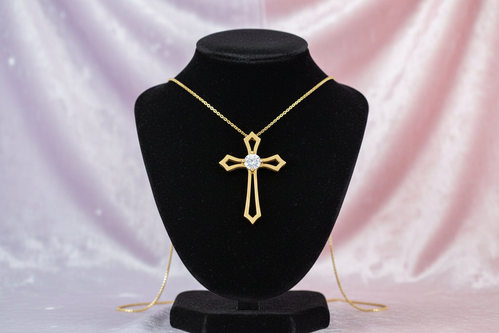 10K YG 0.20ct VS,EF RB Lab Grown Diamond Solitaire Flared Cross Pendant w/ Chain