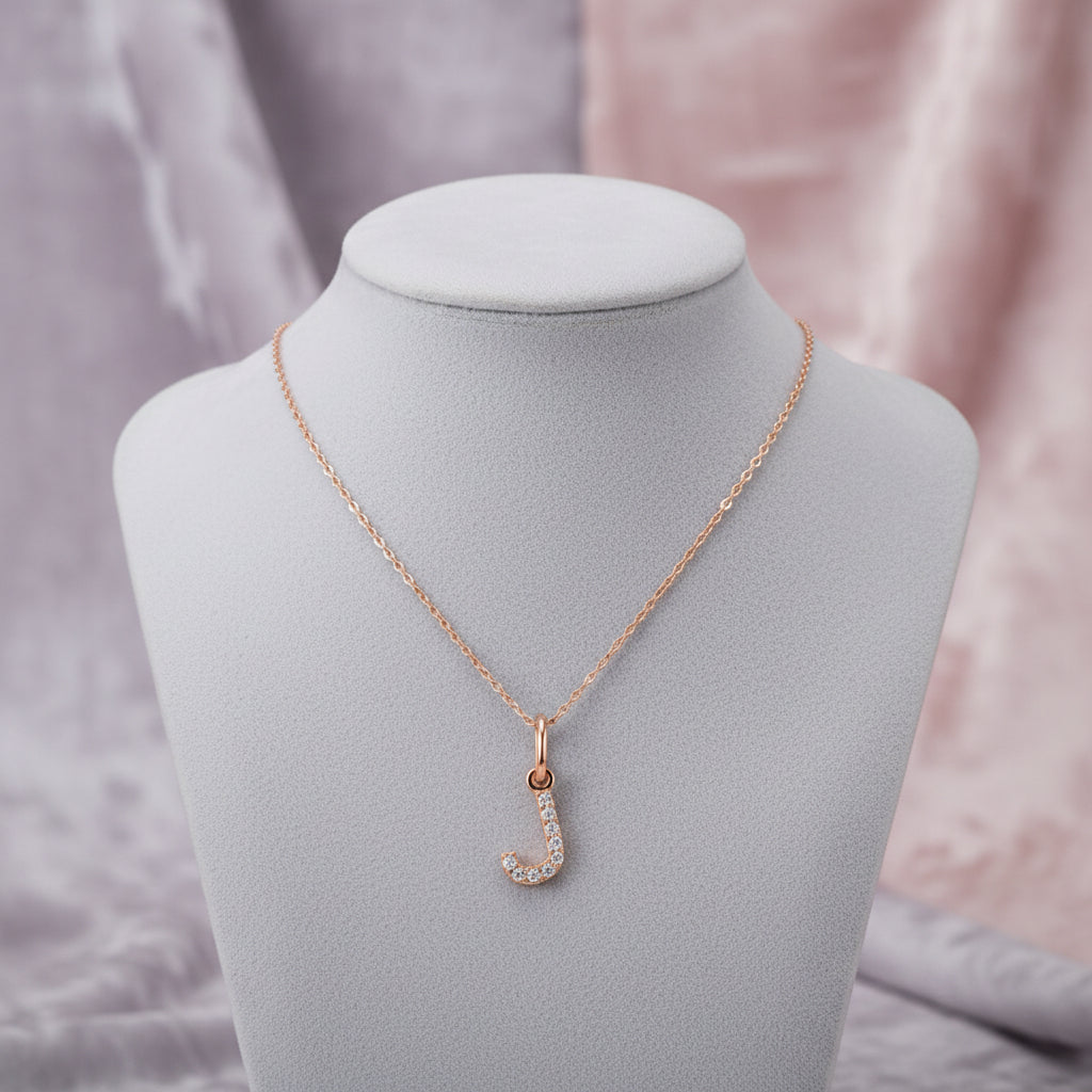 10K Rose Gold Diamond "J" Initial Pendant on Chain