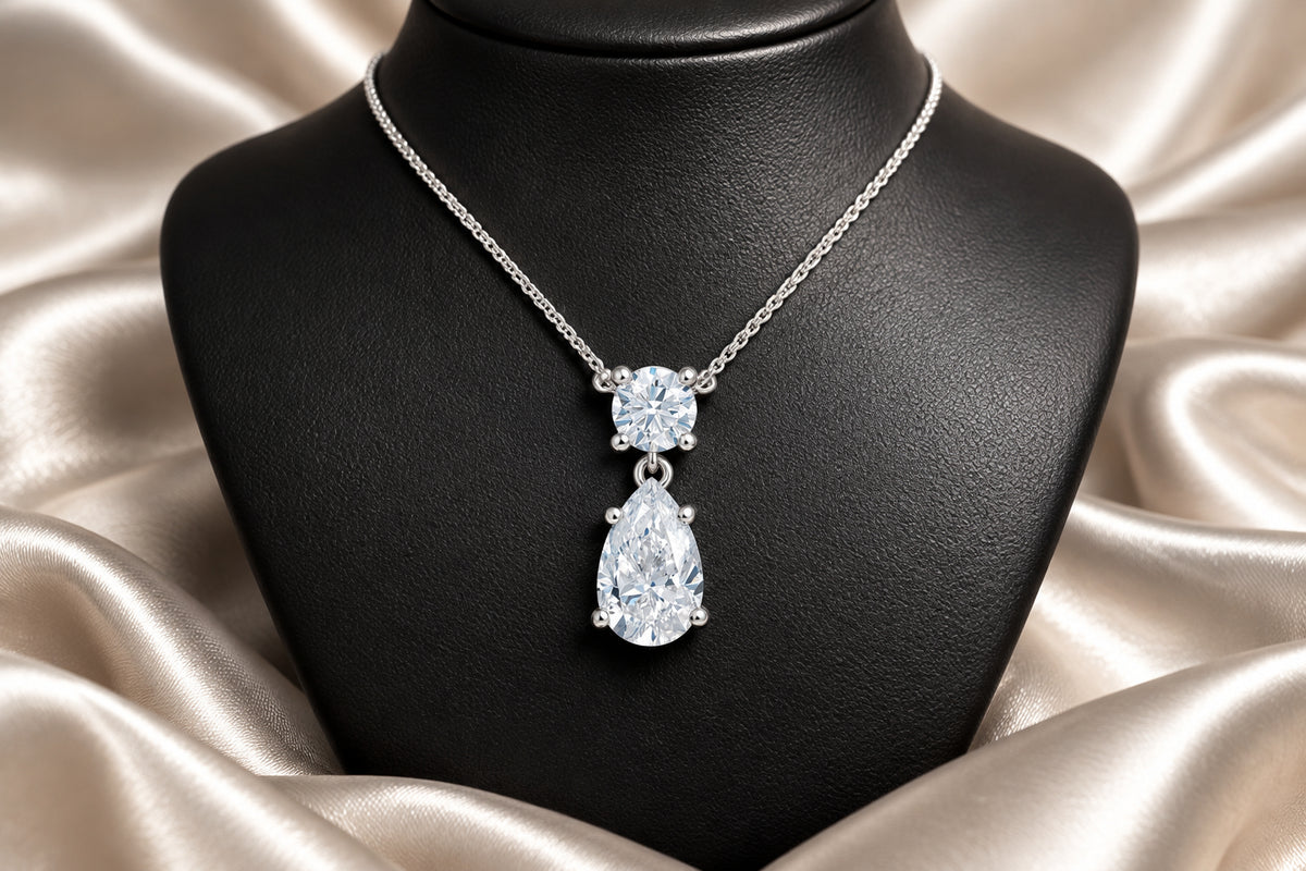 10K WG 0.50ct VS,EF Pear Lab Grown Diamond + 0.25ct VS,EF RB Lab Diamond Dangling Pendant w/ Chain