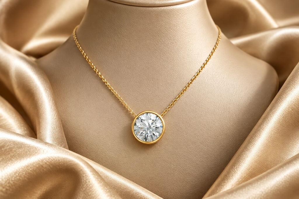 10K YG 0.70ct VS,EF RB Lab Grown Diamond Bezel Set Solitaire Pendant w/ Chain