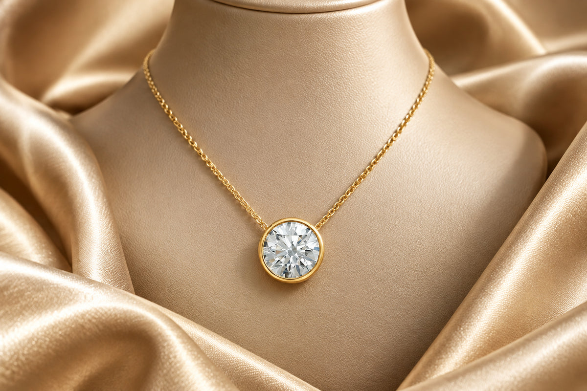 10K YG 0.70ct VS,EF RB Lab Grown Diamond Bezel Set Solitaire Pendant w/ Chain