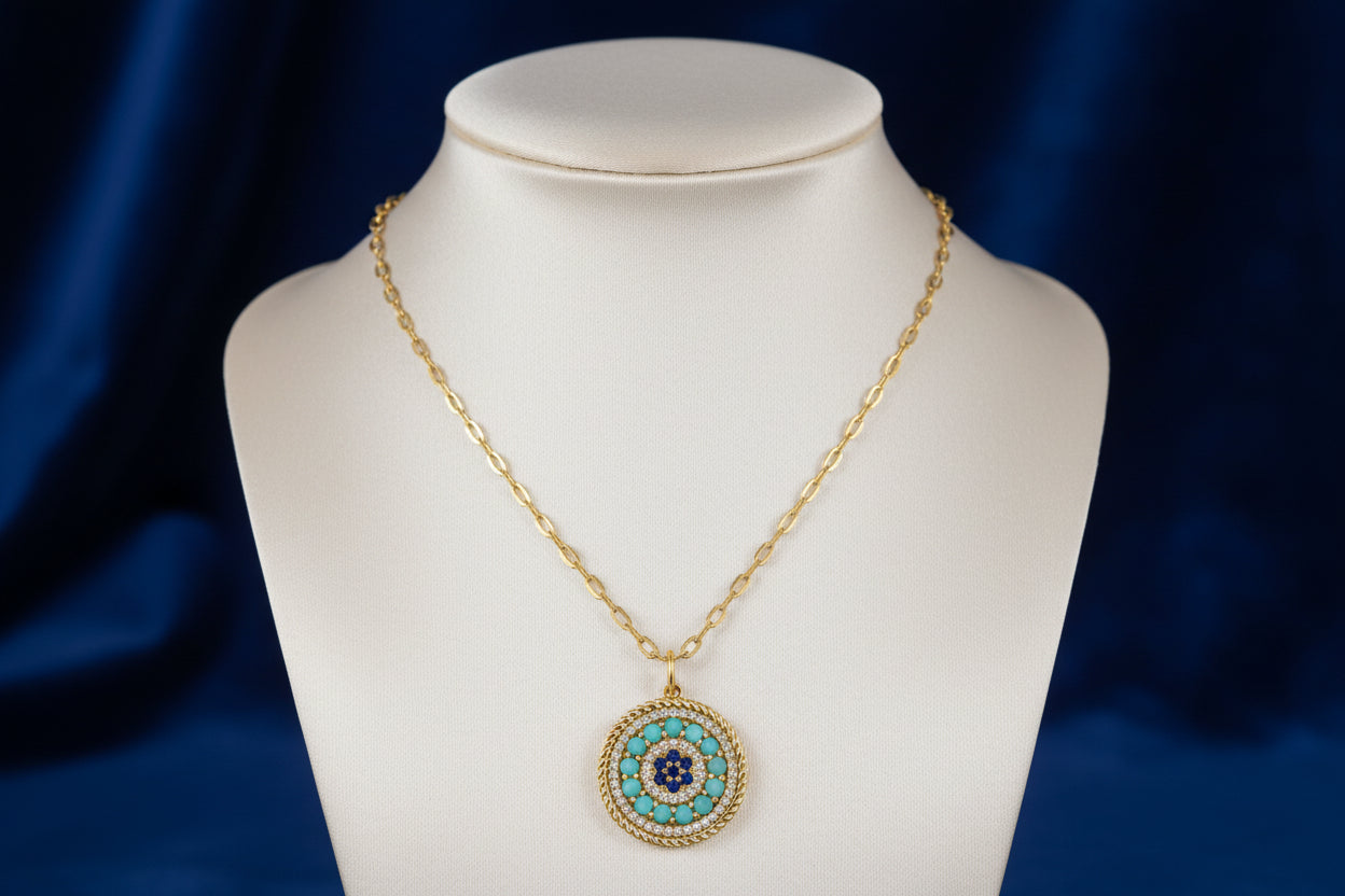 14K YG CIRCLE PENDANT ACCENTED WITH 57RD=0.12CTW DIAMONDS, 13=0.41CTW TURQUOISE AND 7=0.10CTW BLU...