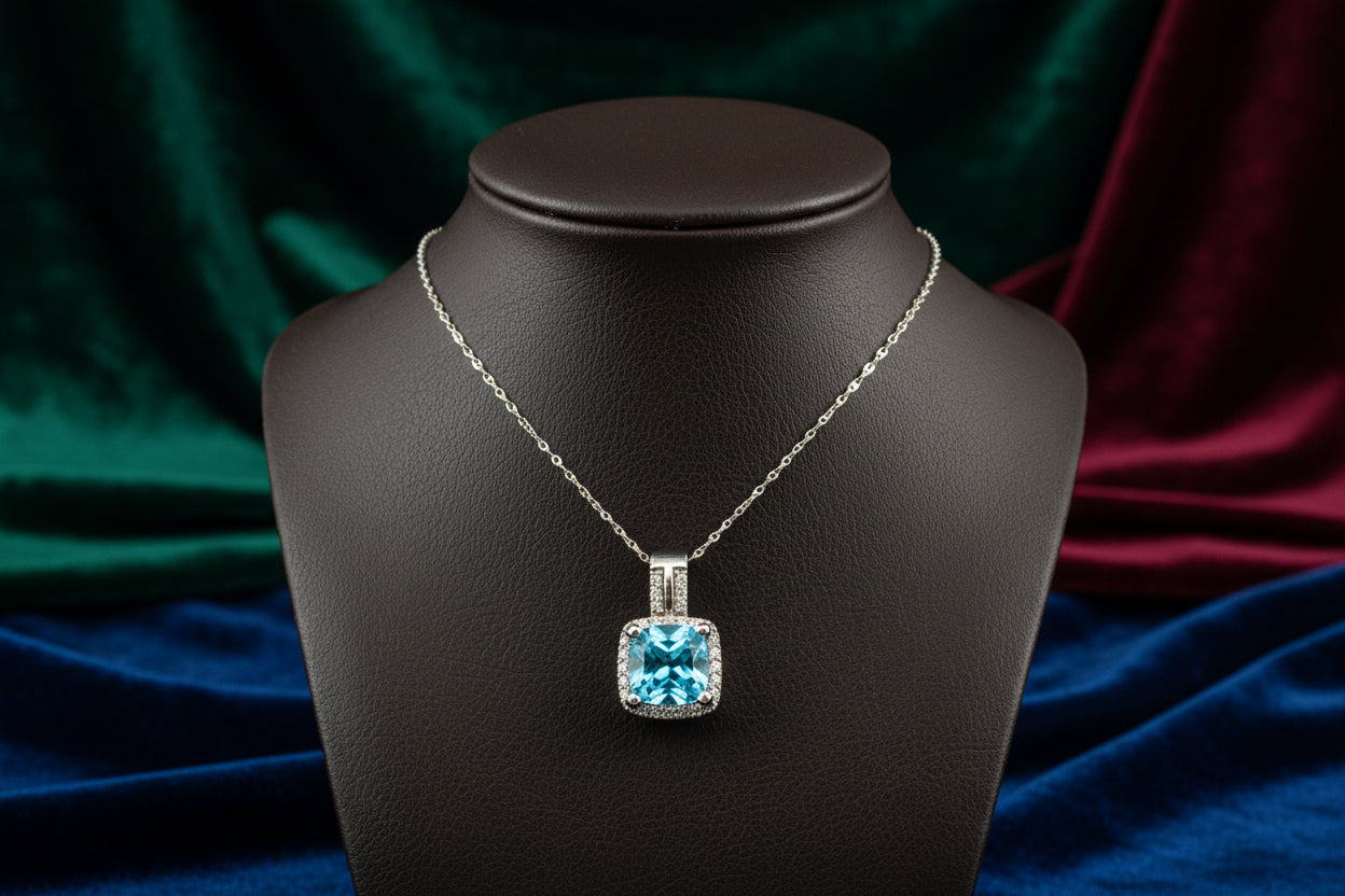 10K WG SQ. BLUE TOPAZ PENDANT WITH .08CTW DIAMONDS AND CHAIN
