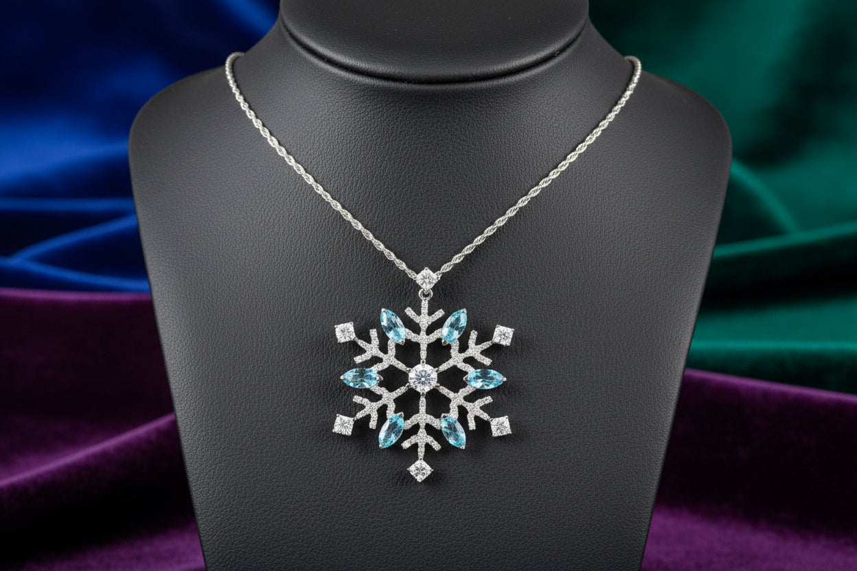 14K WG 0.701CTW MAPLE LEAF CDN DIAMOND, 0.42CTW DIA & 2.5MM BLUE TOPAZ SNOWFLAKE PENDANT WITH CHA...