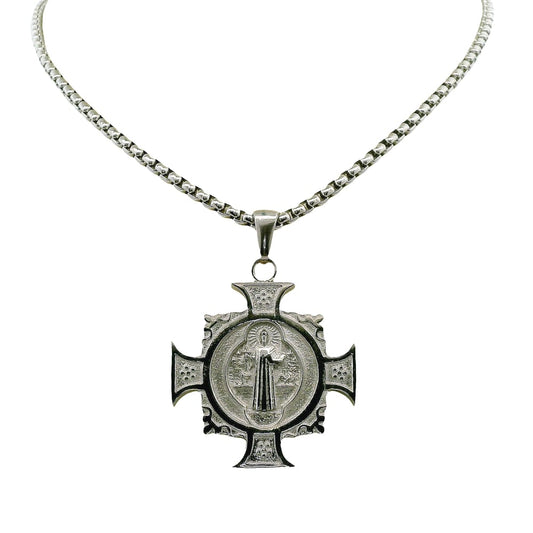 STAINLESS STEEL ST. BENEDICT REVERSIBLE CROSS WITH CHAIN