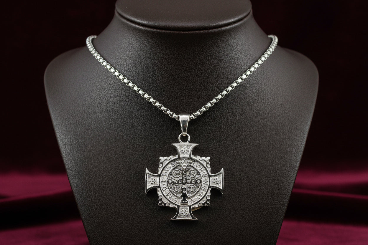 STAINLESS STEEL ST. BENEDICT REVERSIBLE CROSS WITH CHAIN