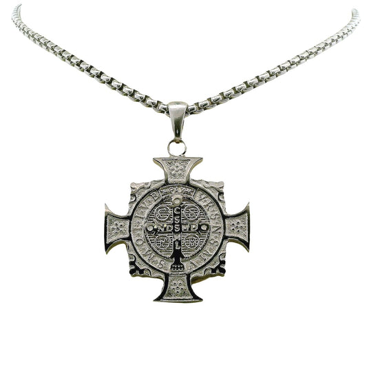 STAINLESS STEEL ST. BENEDICT REVERSIBLE CROSS WITH CHAIN