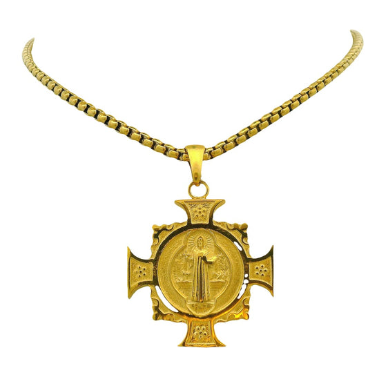 GOLD ION PLATED STAINLESS STEEL ST. BENEDICT REVERSIBLE CROSS WITH CHAIN