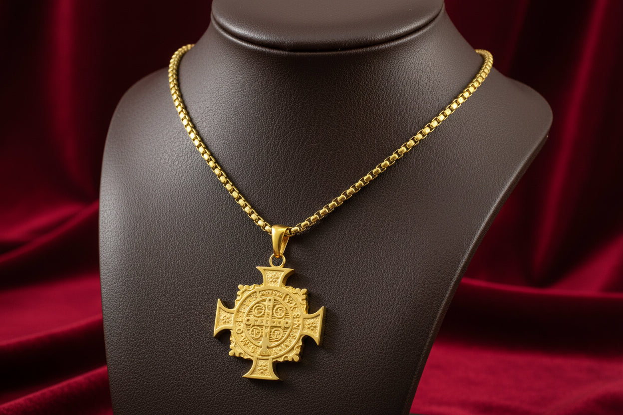 GOLD ION PLATED STAINLESS STEEL ST. BENEDICT REVERSIBLE CROSS WITH CHAIN
