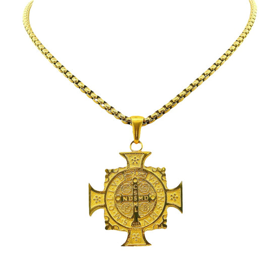 GOLD ION PLATED STAINLESS STEEL ST. BENEDICT REVERSIBLE CROSS WITH CHAIN