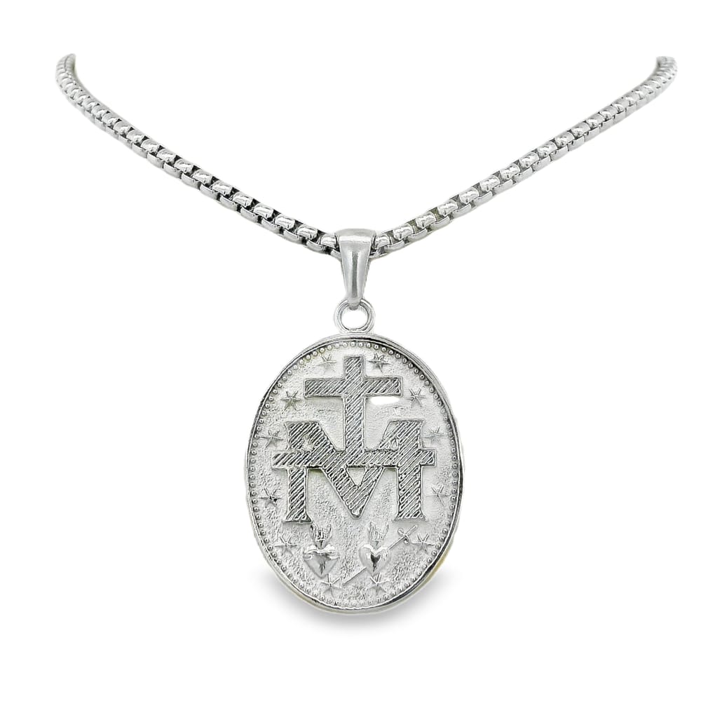 STAINLESS STEEL HEART OF MARY REVERSIBLE OVAL PENDANT WITH CHAIN