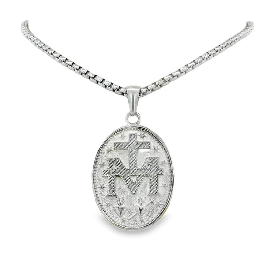 STAINLESS STEEL HEART OF MARY REVERSIBLE OVAL PENDANT WITH CHAIN