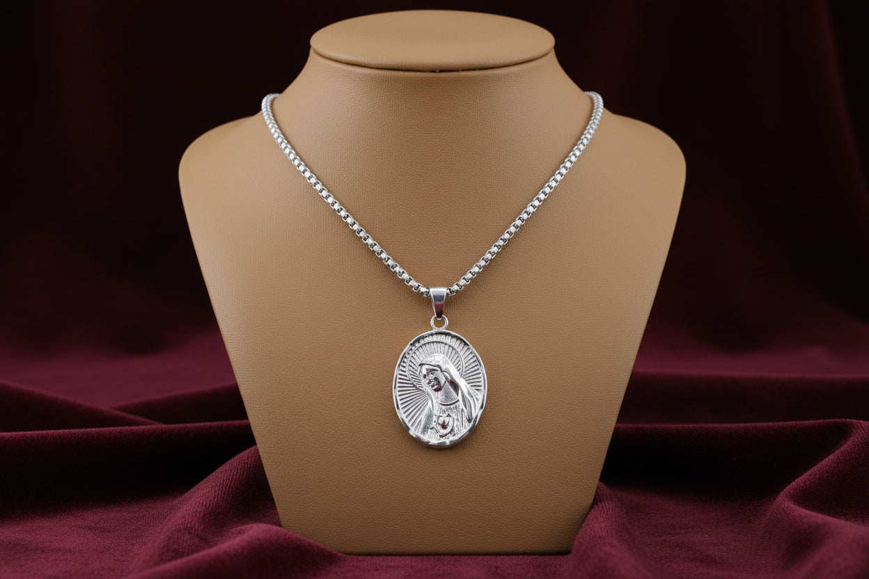 STAINLESS STEEL HEART OF MARY REVERSIBLE OVAL PENDANT WITH CHAIN