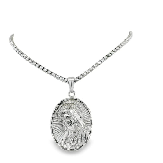 STAINLESS STEEL HEART OF MARY REVERSIBLE OVAL PENDANT WITH CHAIN