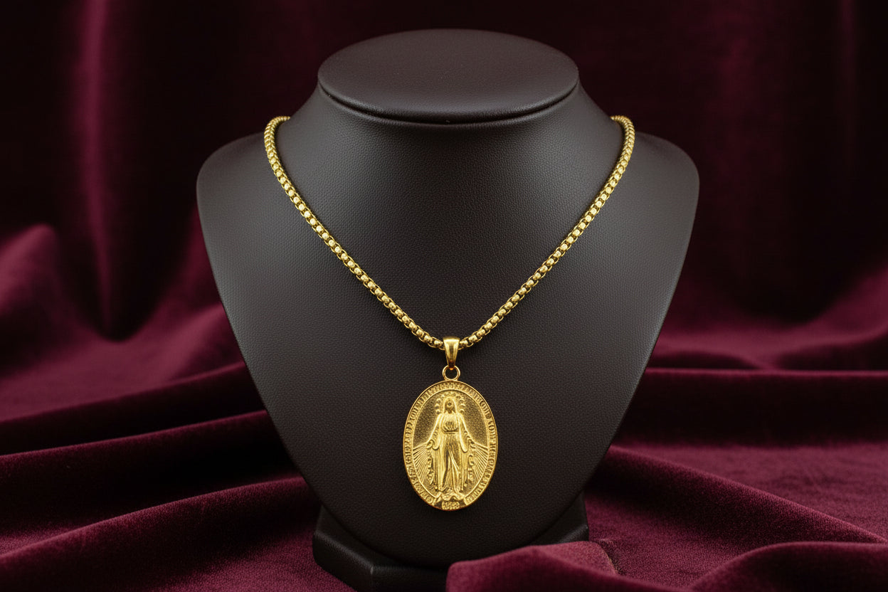 GOLD ION PLATED STAINLESS STEEL MIRACULOSA REVERSIBLE OVAL PENDANT WITH CHAIN