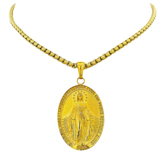 GOLD ION PLATED STAINLESS STEEL MIRACULOSA REVERSIBLE OVAL PENDANT WITH CHAIN