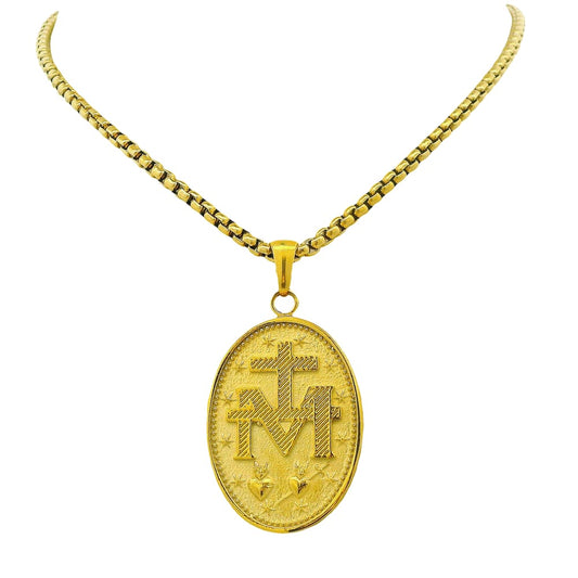 GOLD ION PLATED STAINLESS STEEL MIRACULOSA REVERSIBLE OVAL PENDANT WITH CHAIN