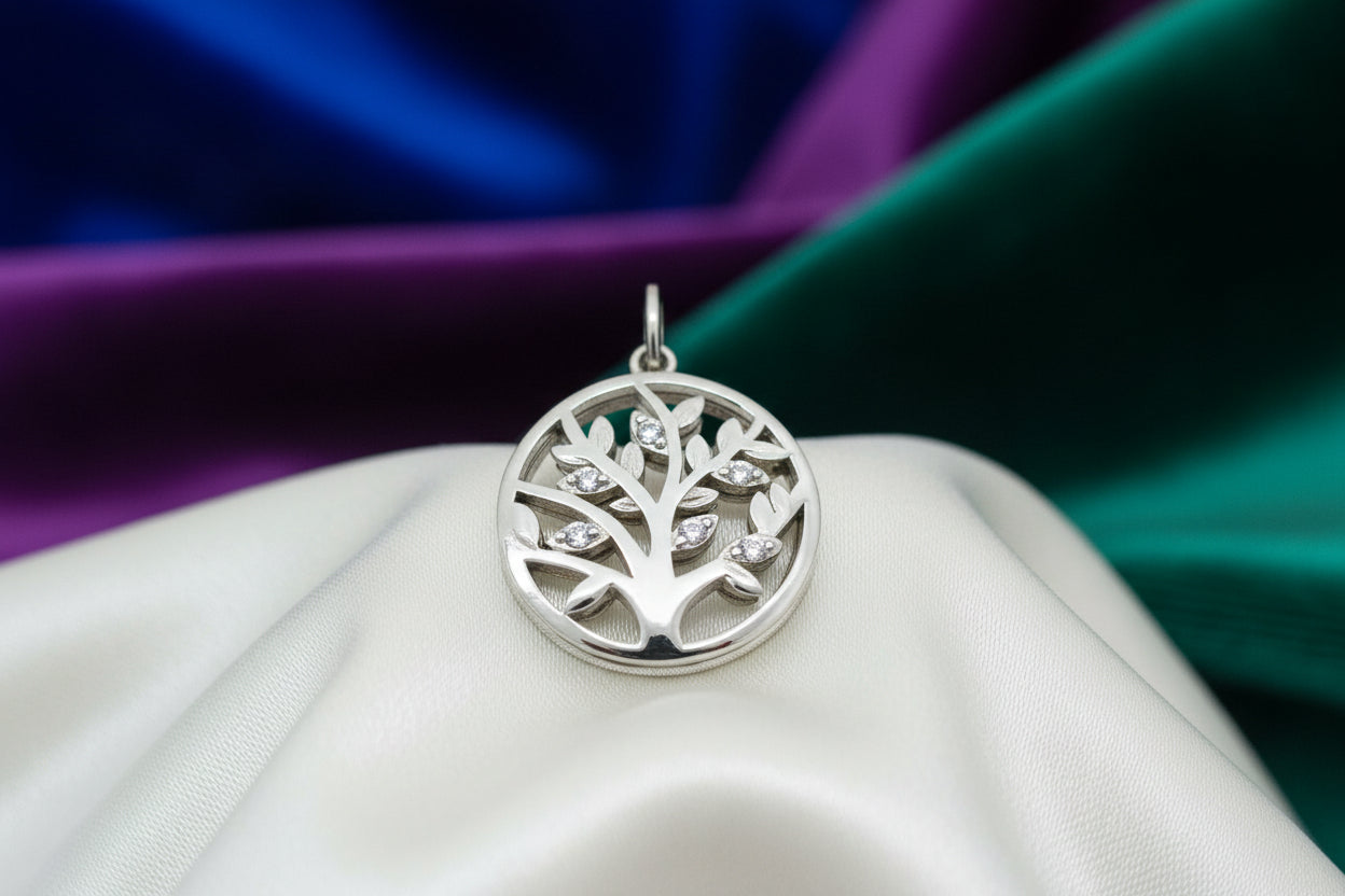 SS RHD 2 PIECE ROUND TREE PENDANT W/ CZ