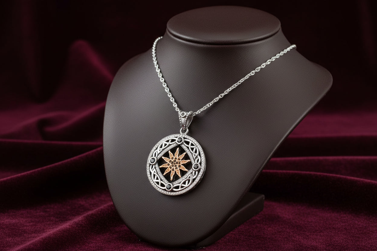 SS 10K RG OXIDIZED BLACK AND WHITE CZ SOLAR PENDANT