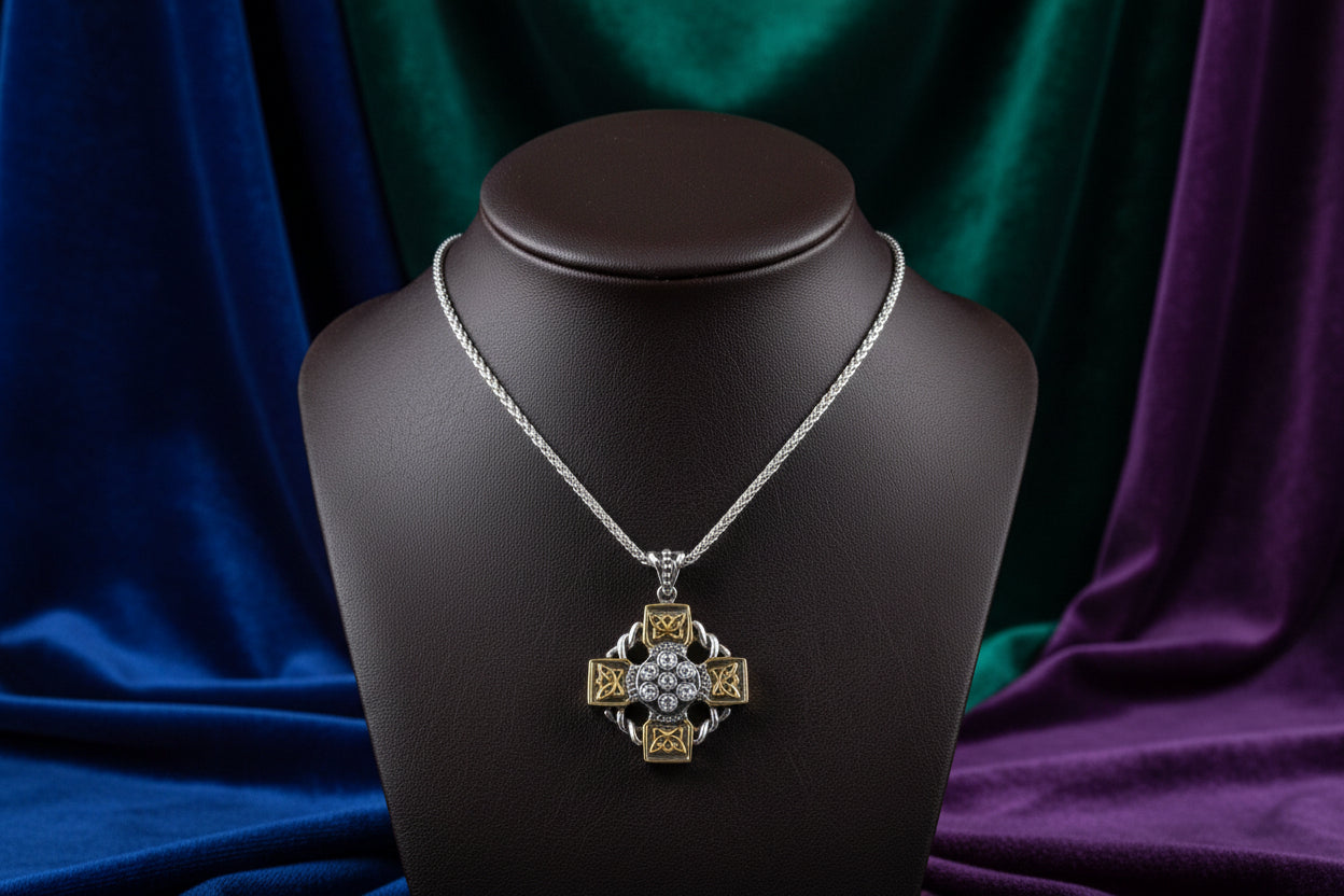 SS /10K YG OXIDIZED CELTIC WHEEL CROSS WITH WHITE TOPAZ