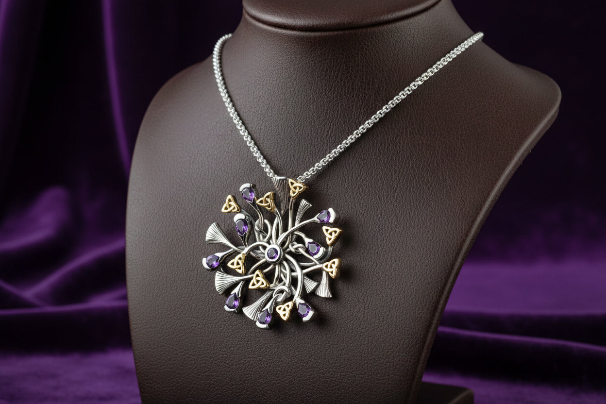 SS 10K RHAPSODY WITH 3MM PEAR SHAPE AMETHYST PENDANT -SMALL WITH CHAIN