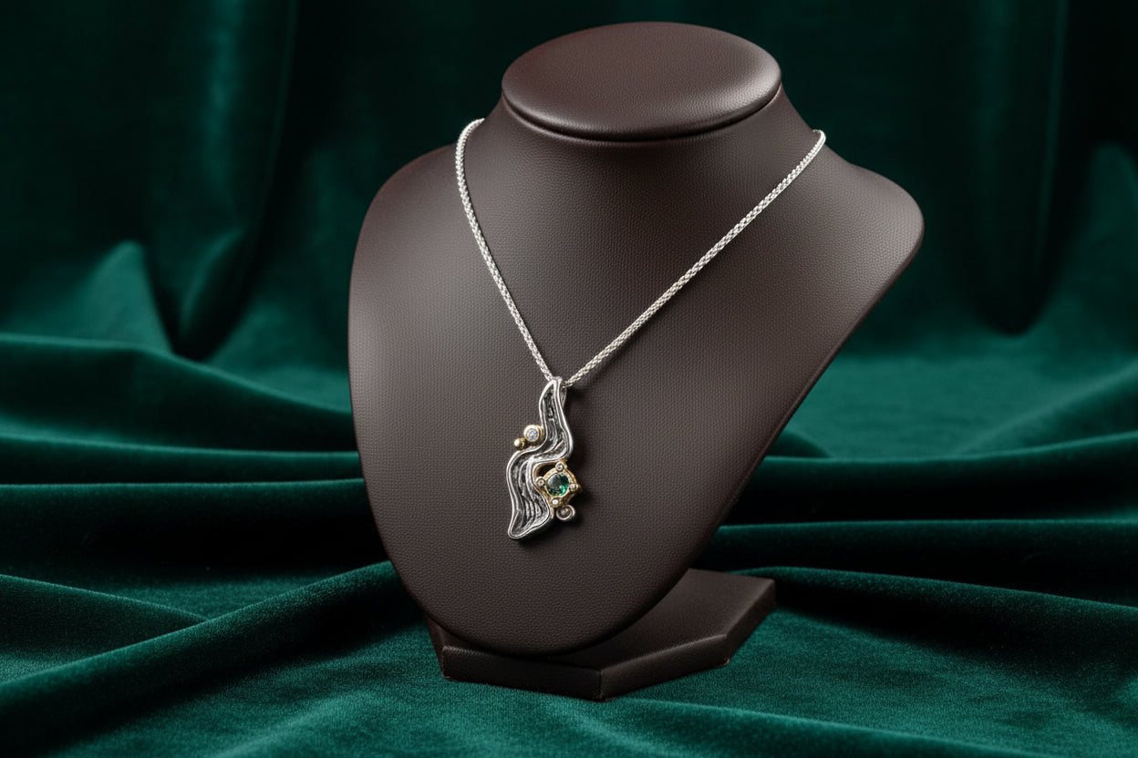 KEITH JACK SS OXIDIZED & 10K YG BLUE MYSTIC MOISSANITE & CZ ROCKS N RIVER PENDANT WITH CHAIN