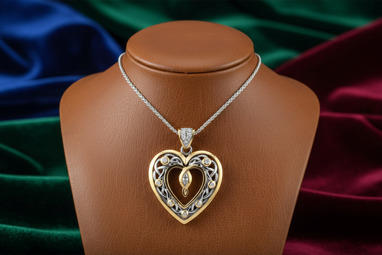 SS 10K YG CZ DOUBLE SIDED CELTIC OPEN HEART PENDANT