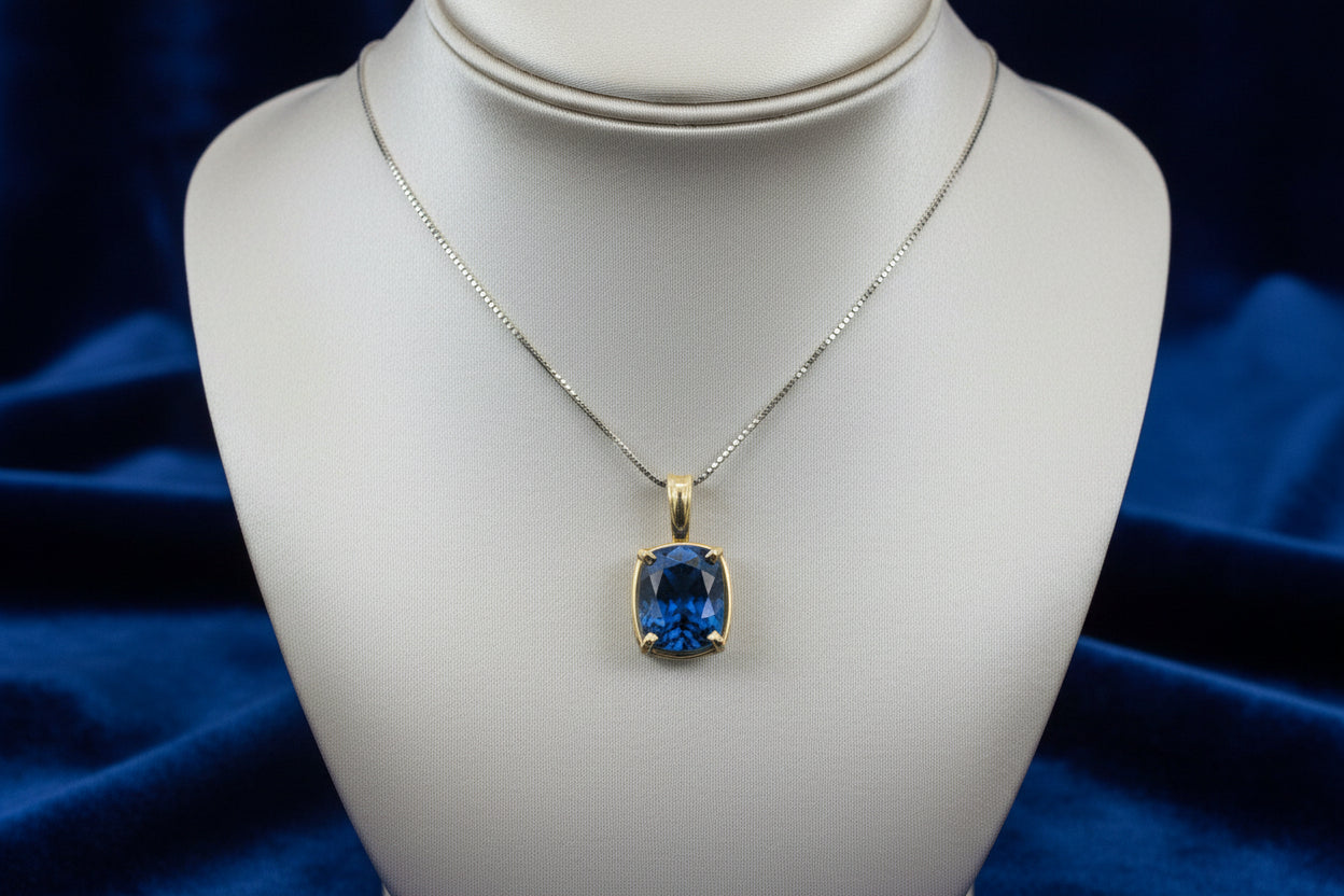 14K WG 4.68CT CHATHAM LAB CREATED BLUE SAPPHIRE PENDANT WITH CHAIN
