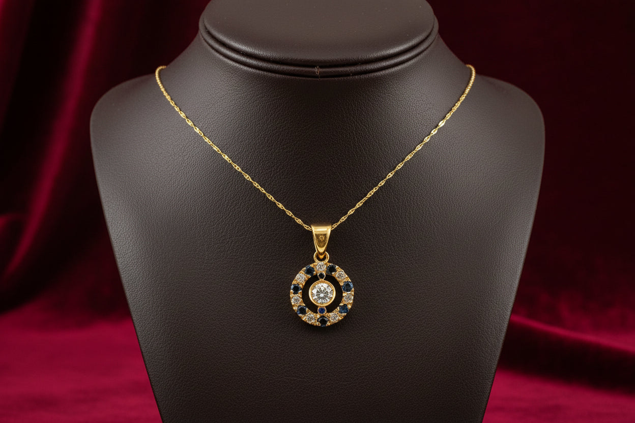 14K YG .18CT CTR WITH .30TW SAPPHIRE AND .15TW DIAMOND ACCENTS WITH CHAIN