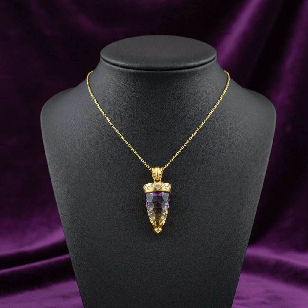 14K YELLOW GOLD PENDENT WITH AMETRINE & DIAMONDS WITH 14K YELLOW GOLD CHAIN 18"