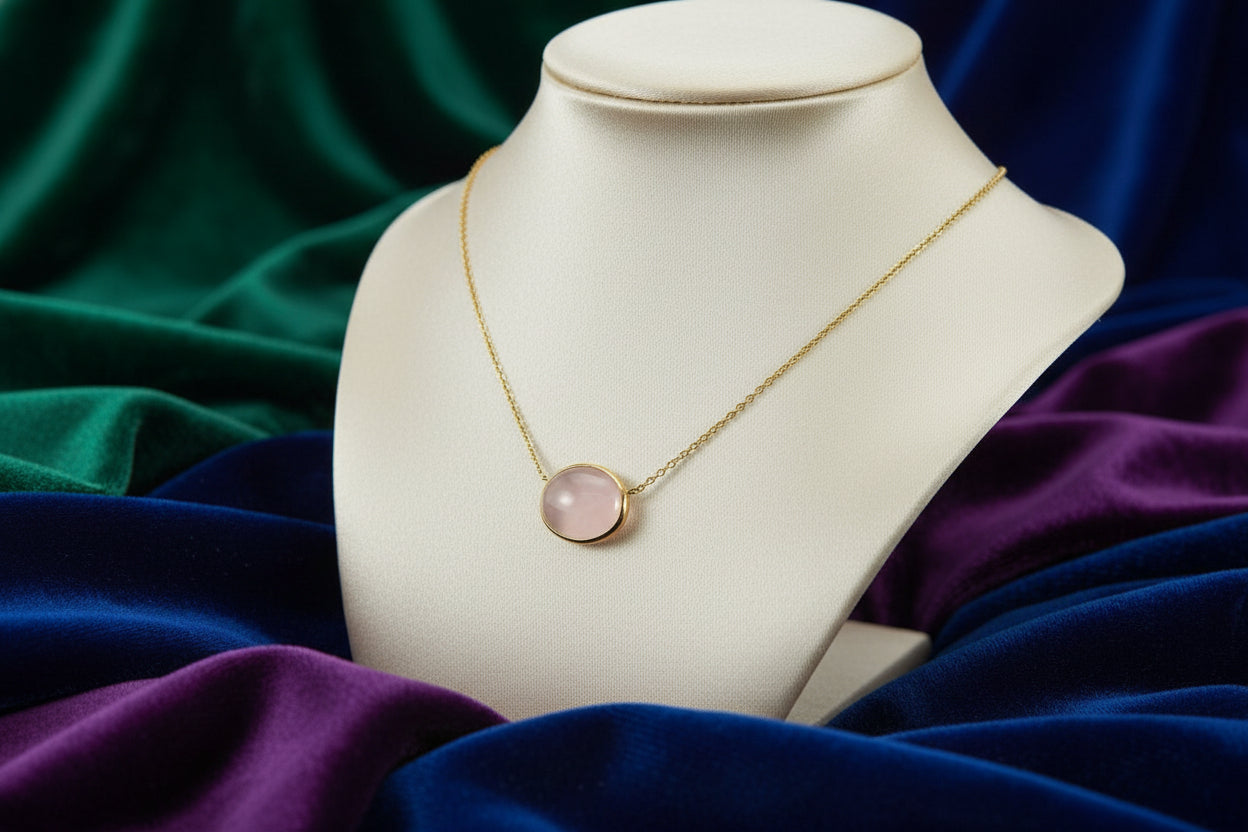 14K YELLOW GOLD FINE CHAIN WITH ROSE QUARTZ PENDANT IN YELLOW GOLD BEZEL 18"