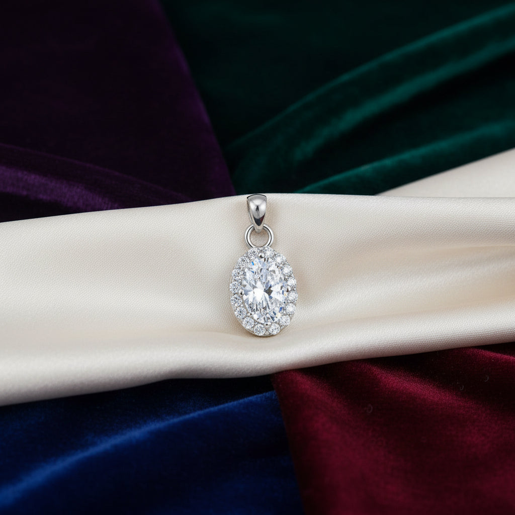 Sterling Silver RHD Oval CZ Halo Pendant