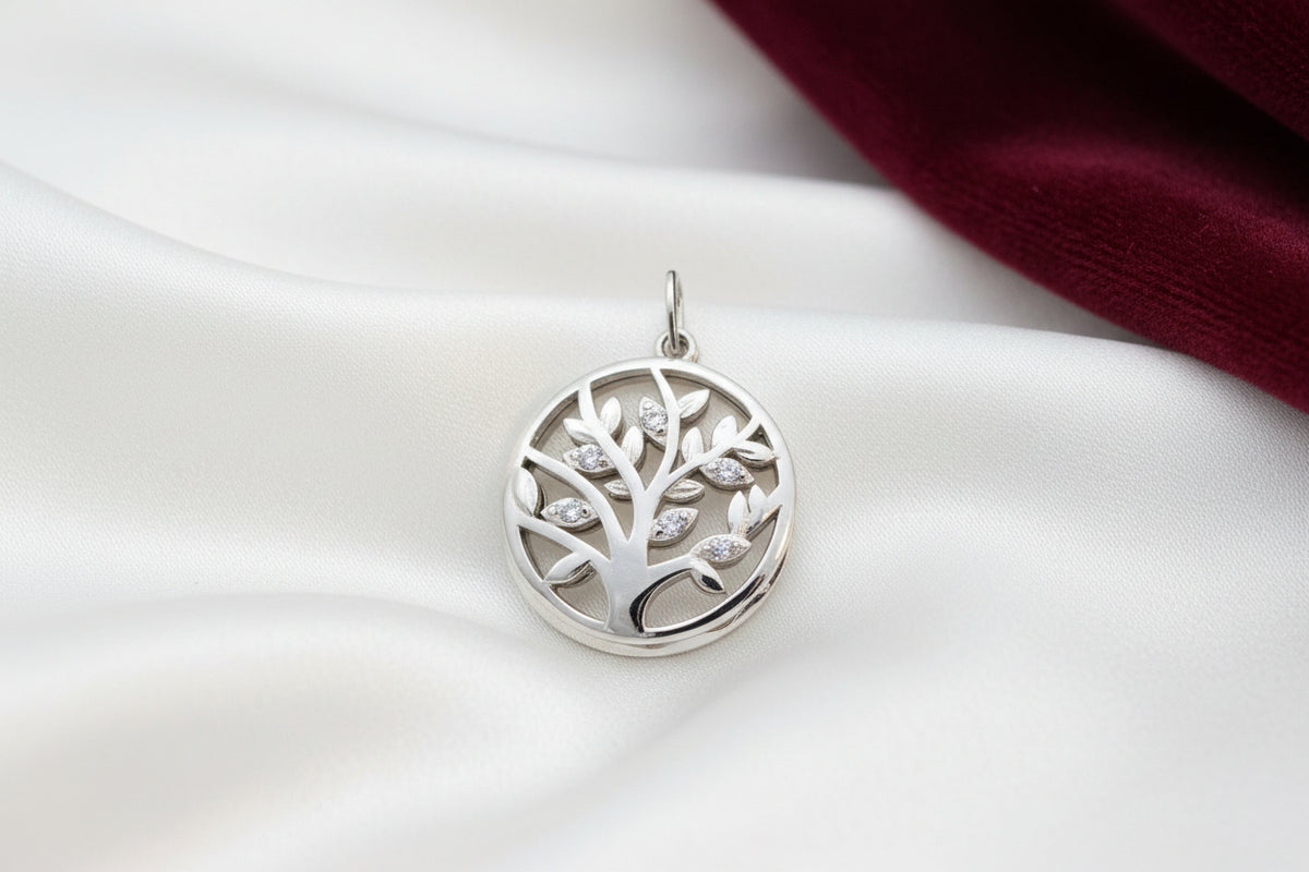 Sterling Silver Rhd 2 Piece Round Tree Pendant with CZ's
