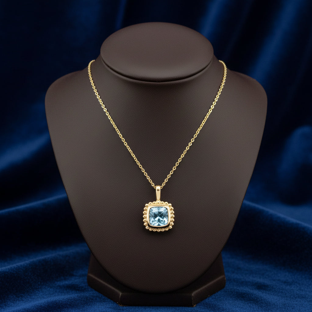 10K YG 0.55CT Aquamarine Cushion Cut Pendant With Chain