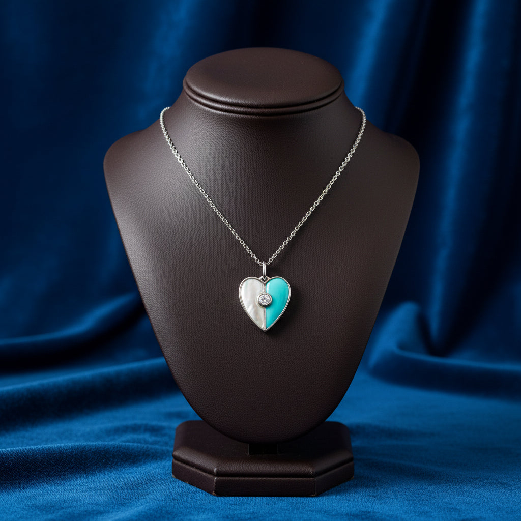 14K WG 0.05ct diamond, 0.87ct Mother of Pearl & 0.83ct Turquoise Heart Pendant with Chain