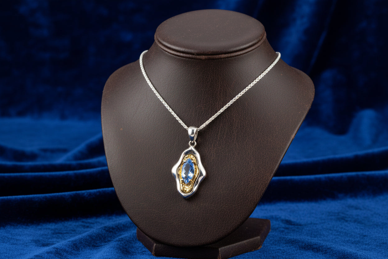 Silver and Vermeil with Light Blue Moissanite Rocks 'n Rivers Pendant with Chain
