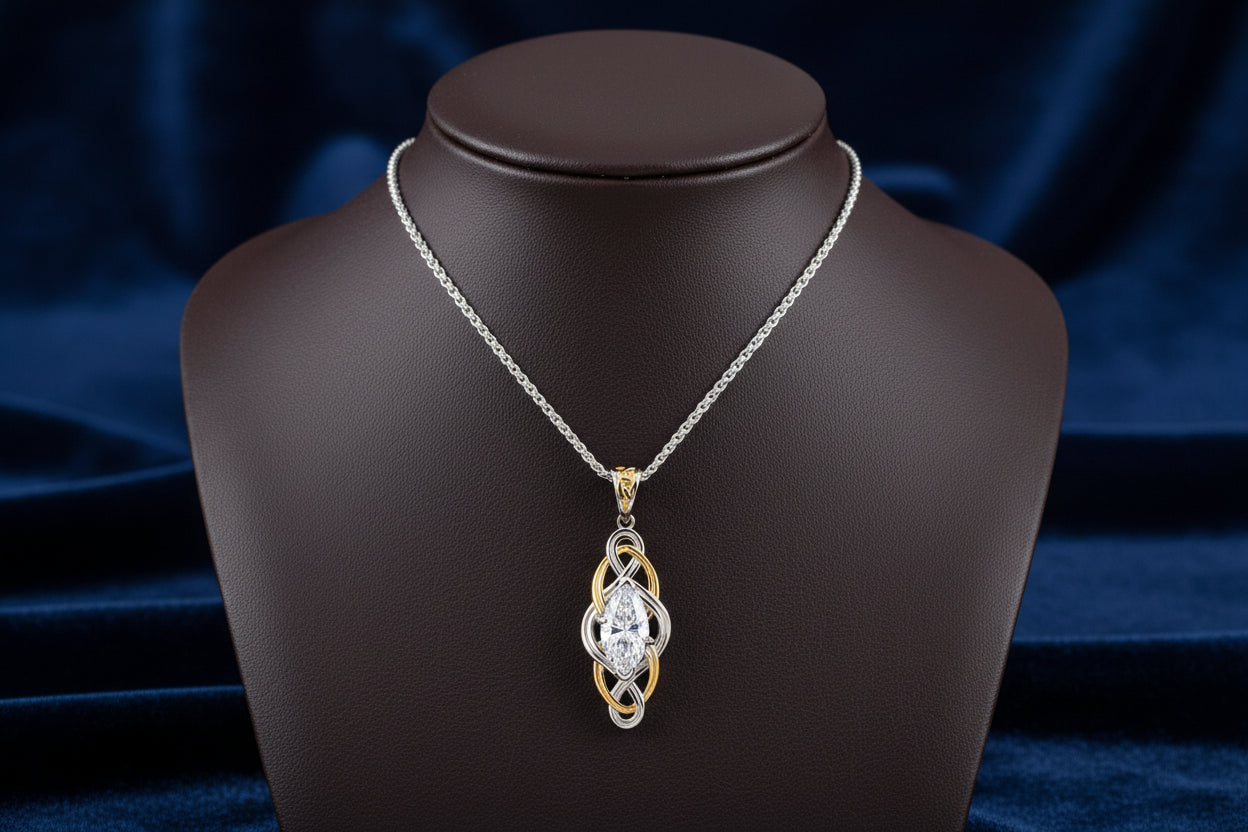 Silver and 18k White Moissanite Vermeil Alchemy Knot Pendant with Chain