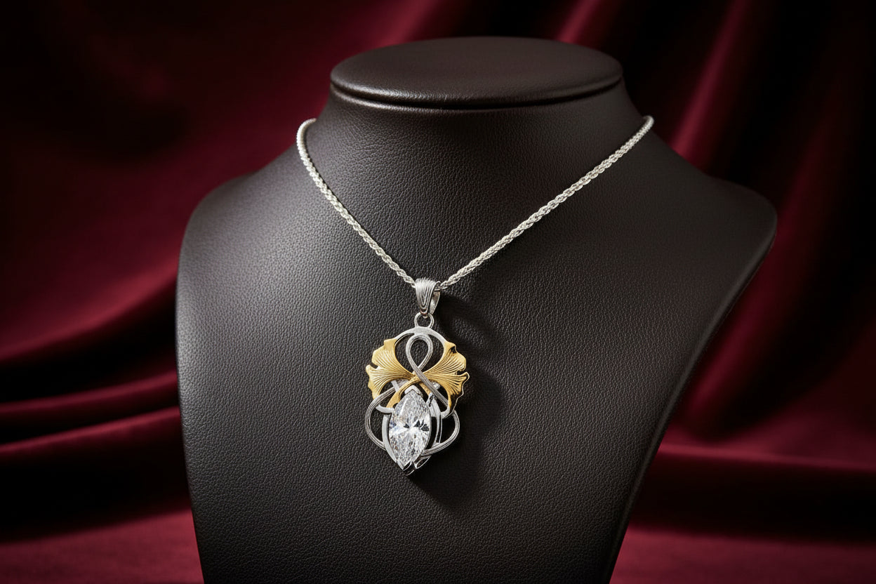 Silver and 18k Vermeil and White Moissanite Alchemy Ginkgo Leaf Angel Pendant with Chain