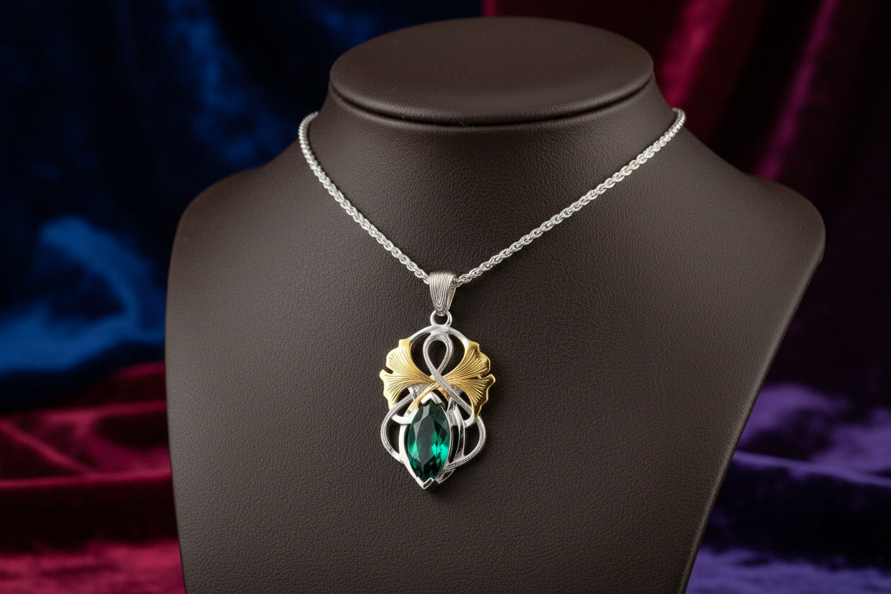 Silver and 18k Vermeil and Lab Grown Emerald Alchemy Ginkgo Leaf Angel Pendant with Chain