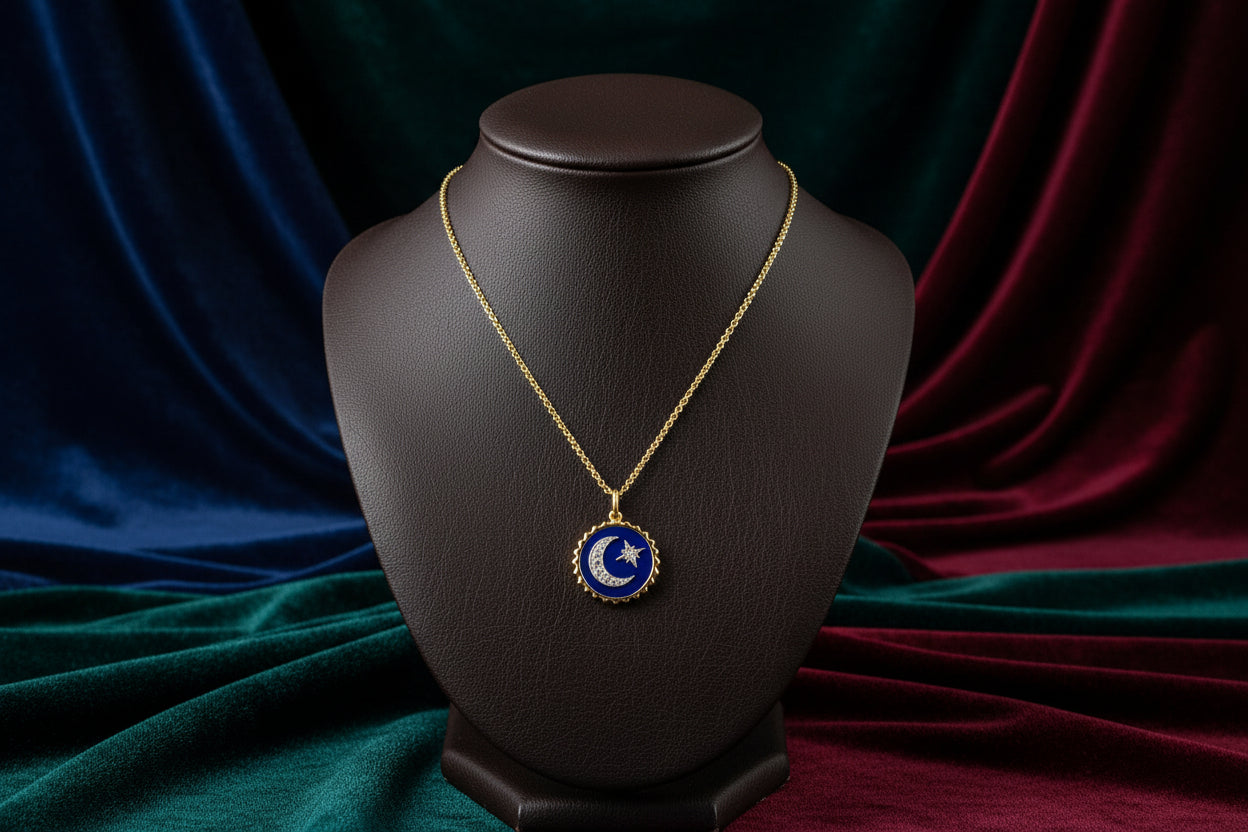 14K YG/WG  0.08ctw Diamond & 2.10ct Lapis Star & Moon Pendant with Chain