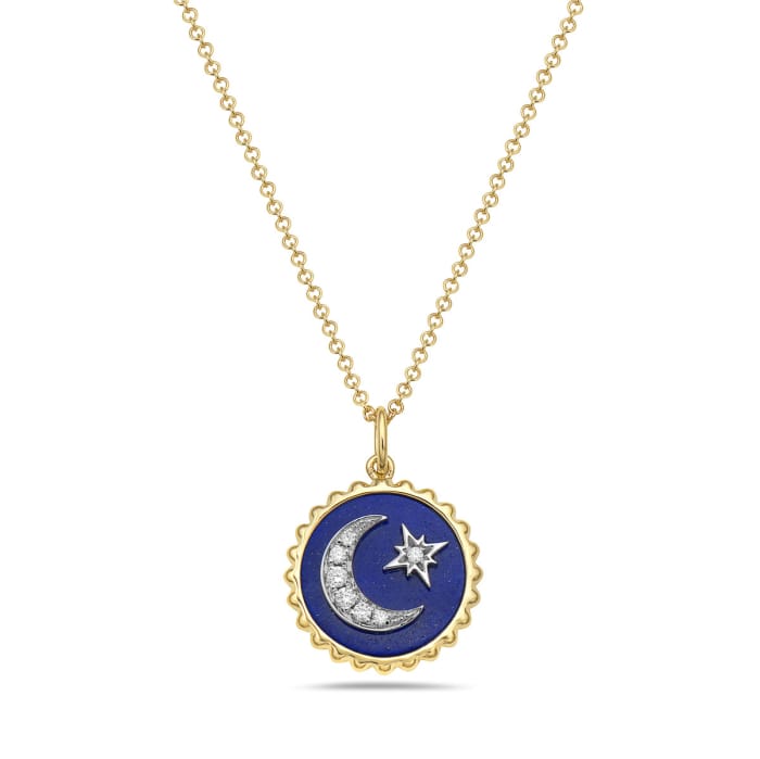 14K YG/WG  0.08ctw Diamond & 2.10ct Lapis Star & Moon Pendant with Chain