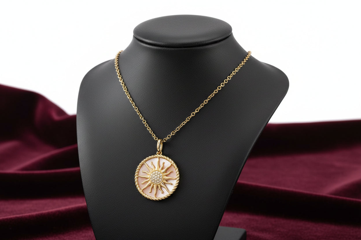 14K RG 2.71ct Pink Mother of Pearl & 0.05ctw Diamond Sun Pendant with Chain 18"