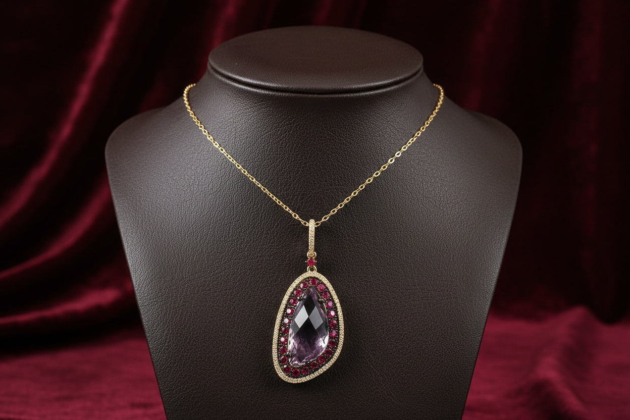 14K RG 4.40ct Amethyst, 1.04ctw Rubies & 0.24ctw Diamond Pendant with Chain 18"