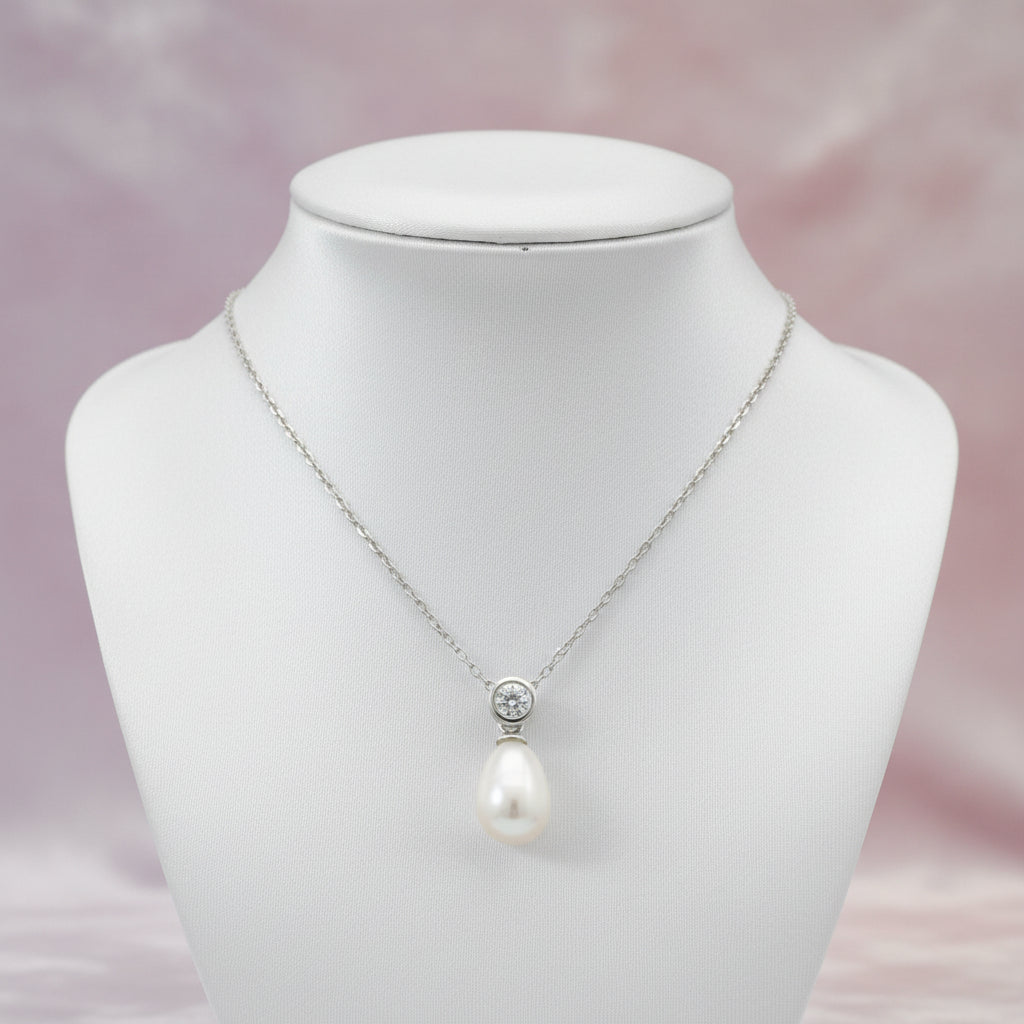 Sterling Silver Fresh Water Pearl & CZ Pendant with Chain