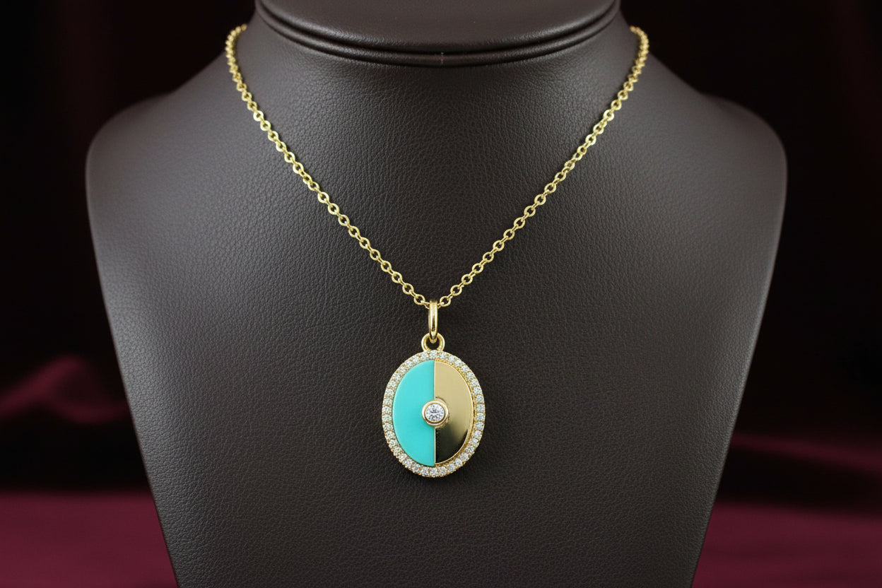 14K YG 0.44ct Turquoise & 0.12ctw Diamond Oval Pendant with Chain 18"