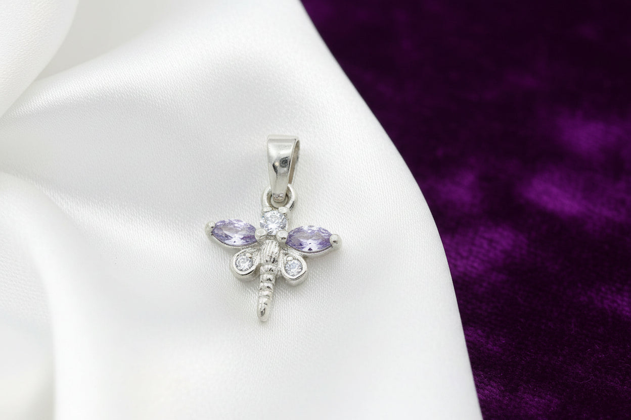 Sterling Silver RHD Dragonfly Pendant with Lavender CZ