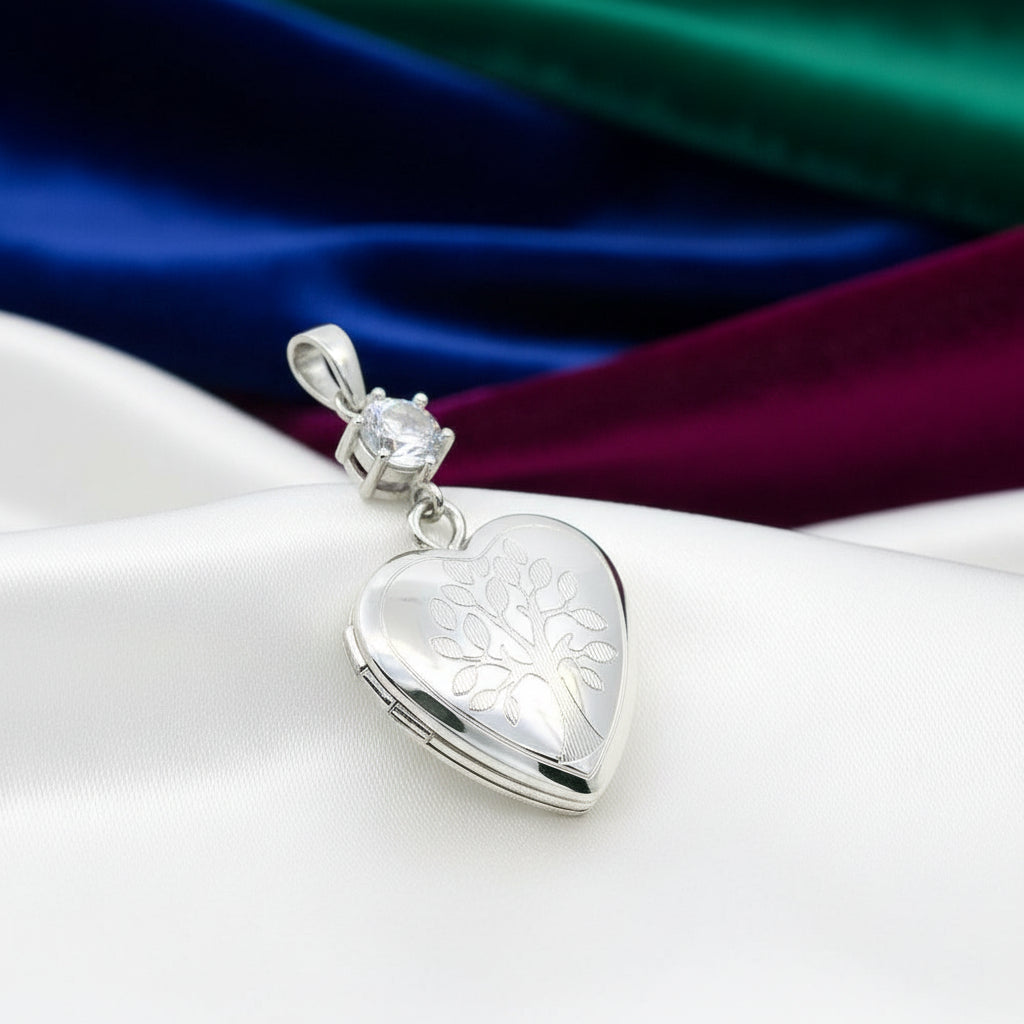 SS RHD 16MM HEART/TREE LOCKET PATTERN & CZ PENDANT