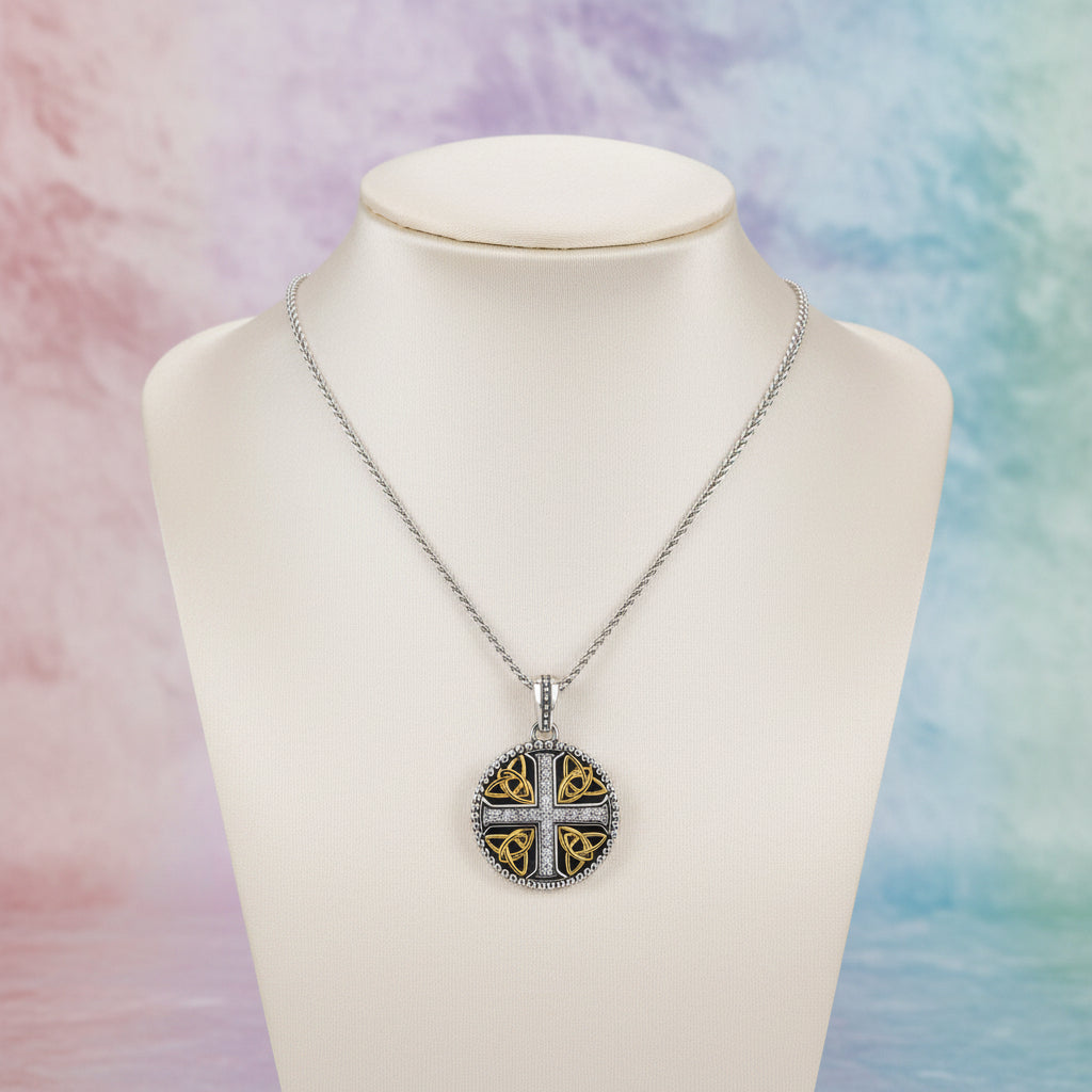 KEITH JACK SS & 10K YG WHITE SAPPHIRE TRINITY CROSS OXIDIZED PENDANT WITH 20" CHAIN