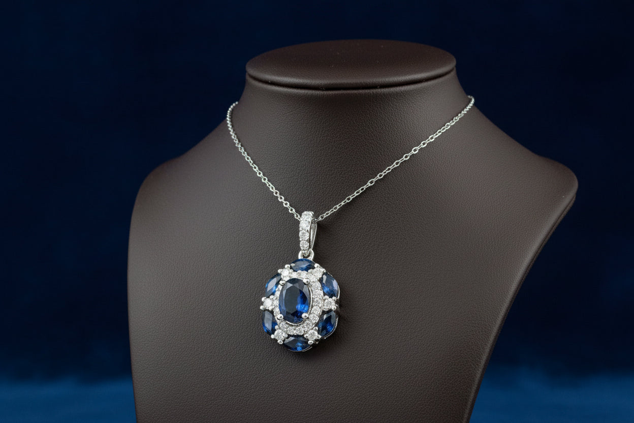 14K WG 6X4MM & 4X2MM OVAL BLUE SAPPHIRES WITH 0.15CTW RD DIAMOND PENDANT WITH CHAIN