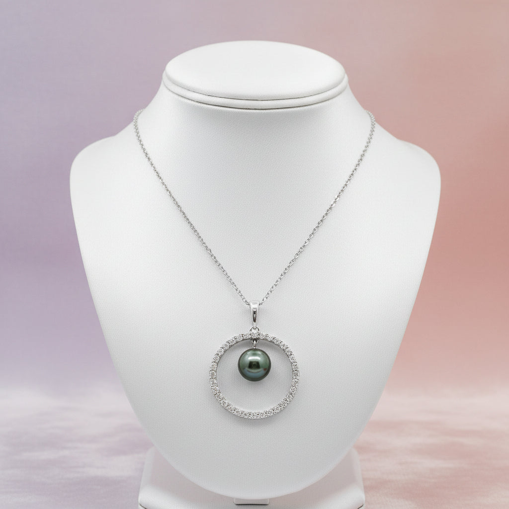 14K WHITE GOLD 0.25CT TW DIAMONDS AND BLACK HEMATITE BALL WITH CHAIN